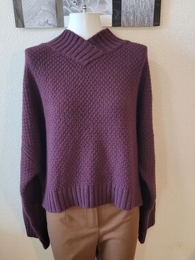 Banana Republic Oversized High Low Plum V-Neck Textured Knit Sweater